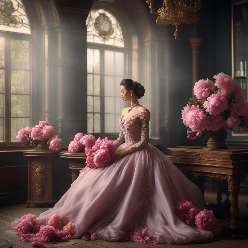  Victorian beauty in sorrow Beautiful dress with bunch of peonies 1870s Bunch of roses on table orchids. Dress of roses orchids. hyperrealistic, full body, detailed clothing, highly detailed, cinematic lighting, stunningly beautiful, intricate, sharp focus, f/1. 8, 85mm, (centered image composition), (professionally color graded), ((bright soft diffused light)), volumetric fog, trending on instagram, trending on tumblr, HDR 4K, 8K