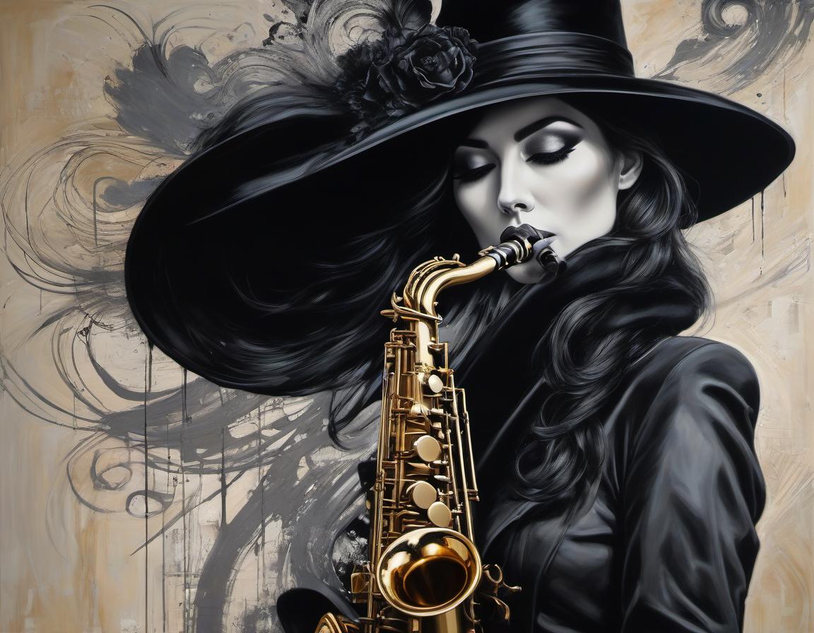  surrealist art An exquisite depiction of woman in a black hat playing the saxophone, with Louis Jover and Drew Darcy inspired style. The artwork is highly detailed, elegant, and intricate, featuring dynamic lighting and imperial colors. It is a stunning piece with a surreal and ultra realistic touch, created using oil on canvas with a focus on sharp details . dreamlike, mysterious, provocative, symbolic, intricate, detailed hyperrealistic, full body, detailed clothing, highly detailed, cinematic lighting, stunningly beautiful, intricate, sharp focus, f/1. 8, 85mm, (centered image composition), (professionally color graded), ((bright soft diffused light)), volumetric fog, trending on instagram, trending on tumblr, HDR 4K, 8K