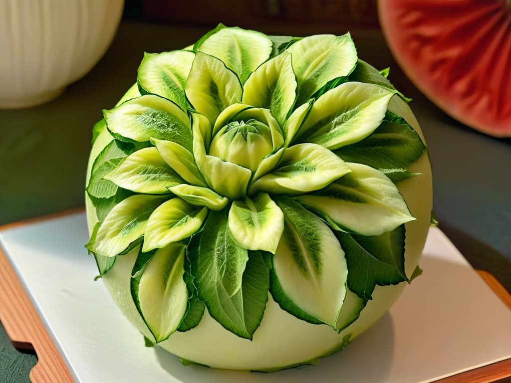  A closeup, ultradetailed image of a intricately carved watermelon transformed into a blooming flower, showcasing the precision and artistry involved in advanced fruit carving techniques. The vibrant red and green colors of the watermelon contrast beautifully, highlighting the intricate details of the petals and leaves. Each delicate curve and line is meticulously crafted, creating a visually stunning and inspiring example of decorative fruit carving. hyperrealistic, full body, detailed clothing, highly detailed, cinematic lighting, stunningly beautiful, intricate, sharp focus, f/1. 8, 85mm, (centered image composition), (professionally color graded), ((bright soft diffused light)), volumetric fog, trending on instagram, trending on tumblr, HDR 4K, 8K