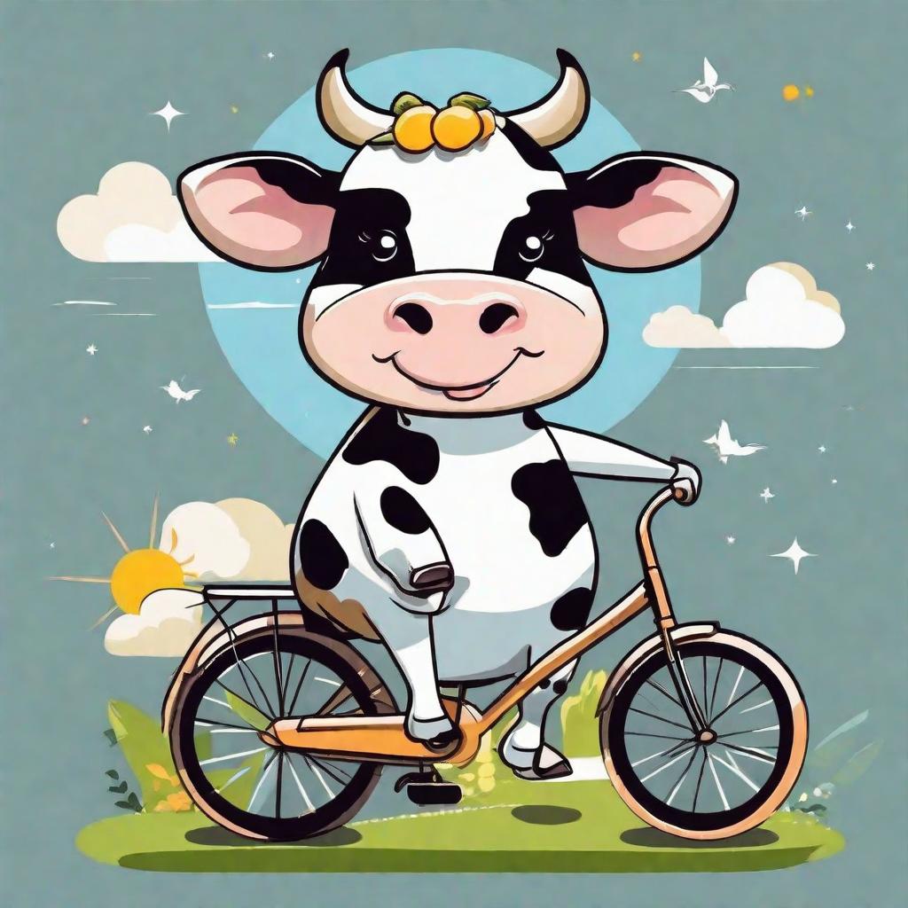  masterpiece, best quality,A cute black and white cow in cartoon style riding a bicycle towards the sun, milk in a box, bicycle chain highlighted, bicycle enlarged