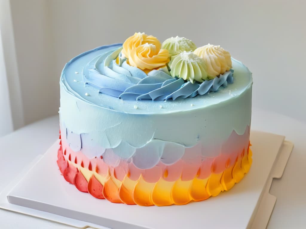  A closeup, ultrahighresolution image of a vibrant rainbow layer cake with smooth, pastelcolored icing in shades of pink, purple, blue, and yellow. The cake is perfectly frosted, showcasing intricate details and a flawless finish. Each layer of the cake is clearly visible, displaying a gradient of colors that are visually striking and appetizing. The lighting is soft, highlighting the cake's glossy texture and the subtle variations in hue. hyperrealistic, full body, detailed clothing, highly detailed, cinematic lighting, stunningly beautiful, intricate, sharp focus, f/1. 8, 85mm, (centered image composition), (professionally color graded), ((bright soft diffused light)), volumetric fog, trending on instagram, trending on tumblr, HDR 4K, 8K