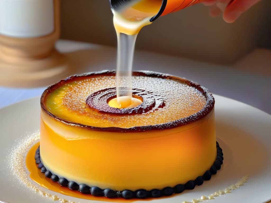  A closeup, ultradetailed image of a delicate caramelized sugar decoration being gently torched on top of a crème brûlée. The torch flame is precisely caramelizing the sugar, creating a mesmerizing golden hue with tiny bubbles forming on the surface. The background is blurred, focusing solely on the intricate texture and color transformation of the caramelized sugar under the precise heat application. hyperrealistic, full body, detailed clothing, highly detailed, cinematic lighting, stunningly beautiful, intricate, sharp focus, f/1. 8, 85mm, (centered image composition), (professionally color graded), ((bright soft diffused light)), volumetric fog, trending on instagram, trending on tumblr, HDR 4K, 8K