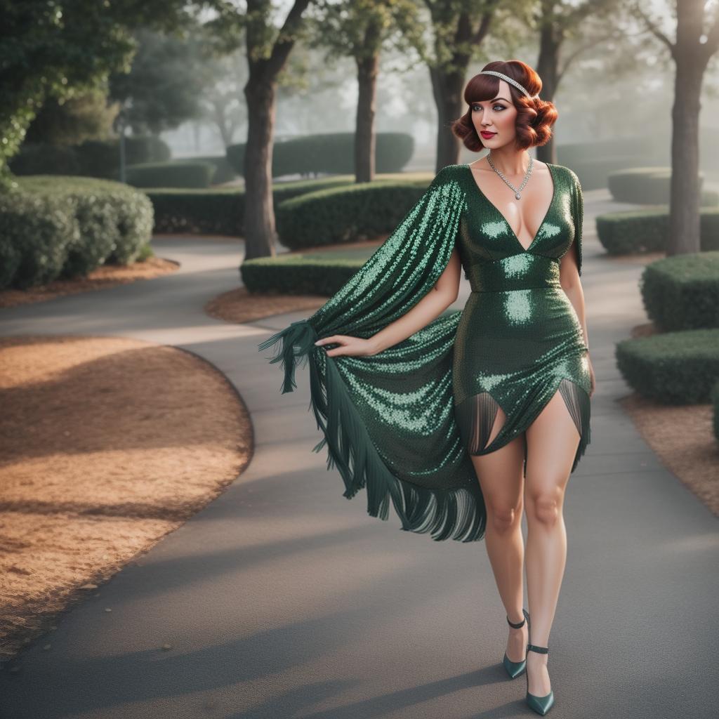  1920’s flapper girl with short reddish brown hair dancing in a olive green sequined dress hyperrealistic, full body, detailed clothing, highly detailed, cinematic lighting, stunningly beautiful, intricate, sharp focus, f/1. 8, 85mm, (centered image composition), (professionally color graded), ((bright soft diffused light)), volumetric fog, trending on instagram, trending on tumblr, HDR 4K, 8K