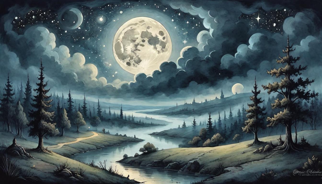  on parchment, surrealism+++, Celestial event occurring over a somber night landscape, stars twinkling in a dark sky, moon partially shrouded by clouds, soft glow, mystical, serene(mysterious, provocative, symbolic,muted color)+++