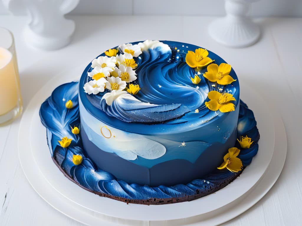  An ultradetailed, highresolution image of a beautifully plated dessert inspired by Van Gogh's "Starry Night." The dessert features vibrant swirls of blue, yellow, and white representing the night sky, with edible gold leaf accents mimicking the stars. The plate is elegantly garnished with delicate edible flowers to evoke the essence of Van Gogh's artistic genius in a minimalist and sophisticated presentation. hyperrealistic, full body, detailed clothing, highly detailed, cinematic lighting, stunningly beautiful, intricate, sharp focus, f/1. 8, 85mm, (centered image composition), (professionally color graded), ((bright soft diffused light)), volumetric fog, trending on instagram, trending on tumblr, HDR 4K, 8K