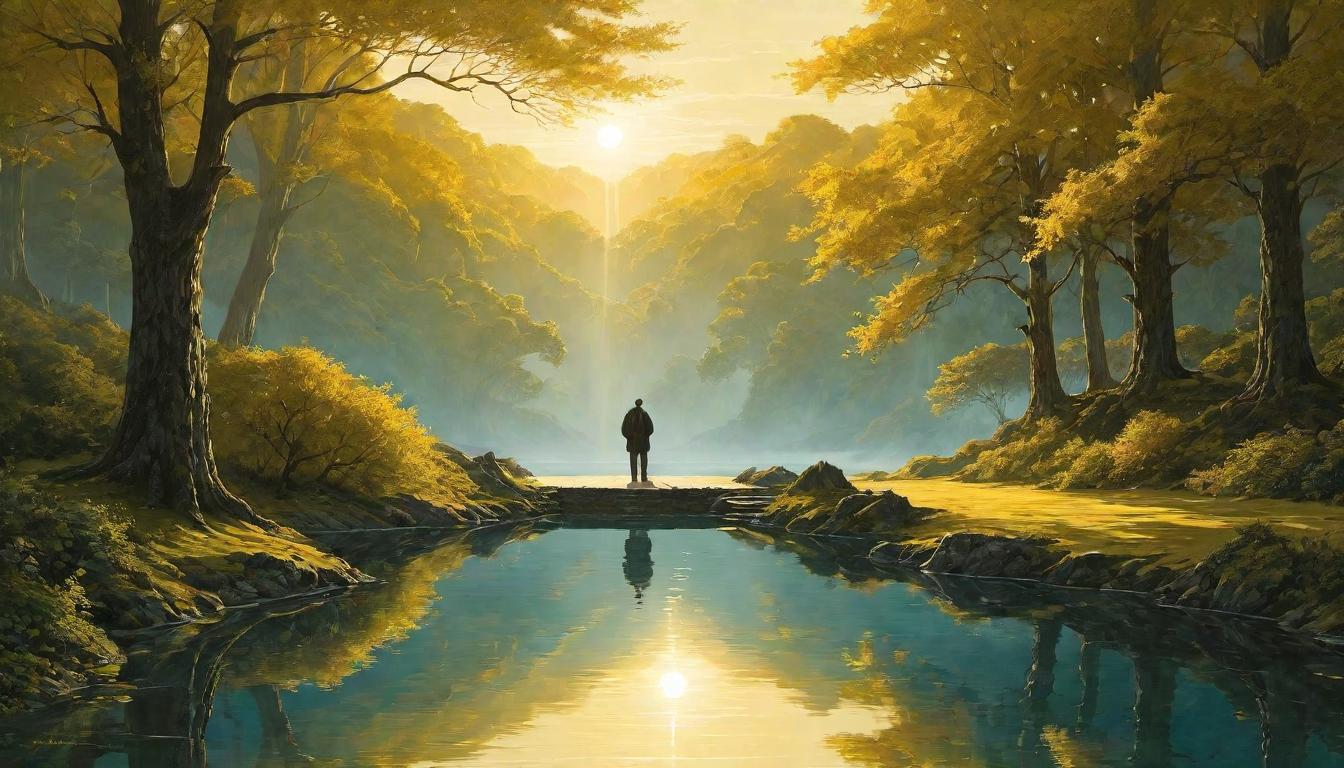  （surrealism)A figure gazing into a reflective pool, a gentle expression of gratitude on their face, the surrounding landscape lush and abundant, mood of reflection and contentment, golden light filtering through the trees mystic, intricate details, best quality)