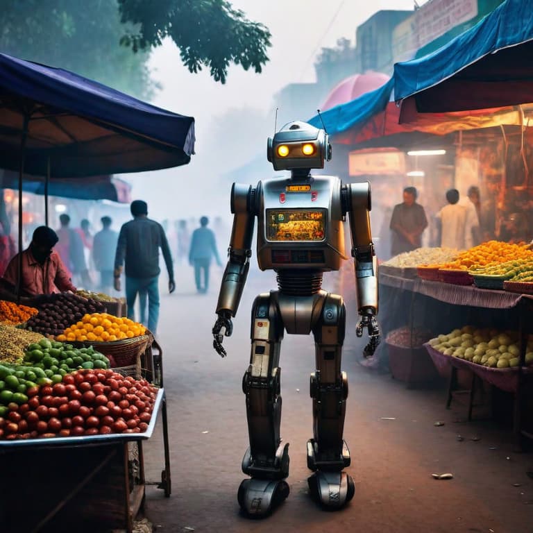  Indian market run by robots in delhi hyperrealistic, full body, detailed clothing, highly detailed, cinematic lighting, stunningly beautiful, intricate, sharp focus, f\/1. 8, 85mm, (centered image composition), (professionally color graded), ((bright soft diffused light)), volumetric fog, trending on instagram, trending on tumblr, HDR 4K, 8K