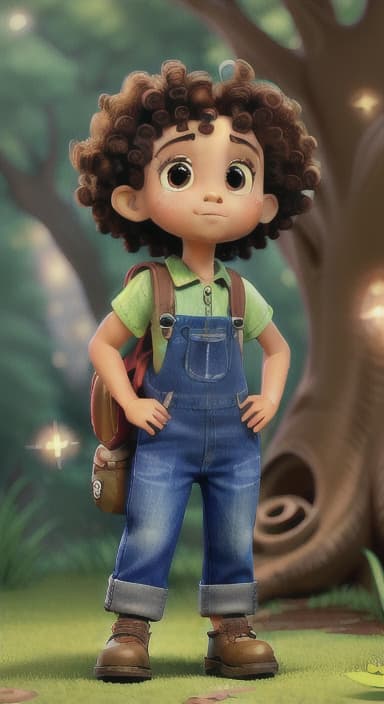  {The tree with a twinkling eye, while its leaves gently rustle., Riley, a curious with big brown eyes and curly hair, wearing overalls and carrying a small backpack. Their friend, Skye, a bluebird with shiny feathers.