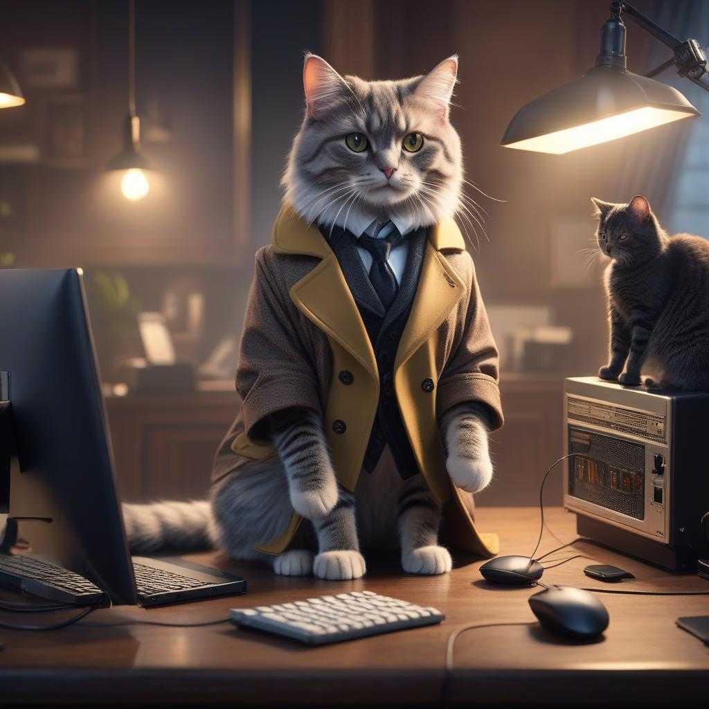  A cat in a coat is breaking the computer. hyperrealistic, full body, detailed clothing, highly detailed, cinematic lighting, stunningly beautiful, intricate, sharp focus, f/1. 8, 85mm, (centered image composition), (professionally color graded), ((bright soft diffused light)), volumetric fog, trending on instagram, trending on tumblr, HDR 4K, 8K