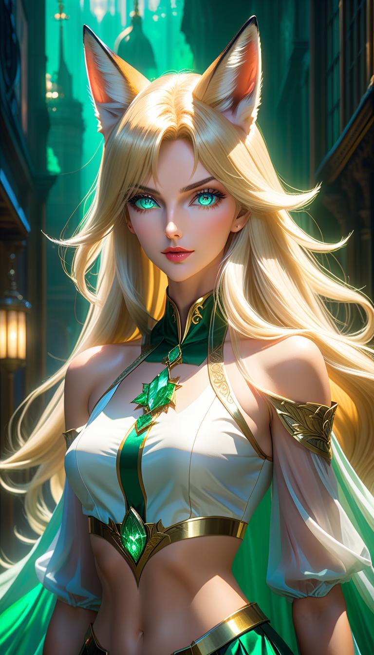  anime artwork (photorealistic, oil painting:1.3), (full body shot:1.3), mesmerizing , long flowing blond hair, grey fox ears on the head, (large sensual mouth:1.2), plump lips, sparkling emerald eyes, narrow waist, (slim body:1.2), white silk , transparent crop top, noctilucent glow, ethereal aura, detailed brushwork, intricate shadows and highlights, mysterious and captivating expression, unique color palette, masterful use of light and shadow, immersive atmosphere, raw emotion, intense gaze, dynamic composition. . anime style, key visual, vint, studio anime, highly detailed hyperrealistic, full body, detailed clothing, highly detailed, cinematic lighting, stunningly beautiful, intricate, sharp focus, f/1. 8, 85mm, (centered image composition), (professionally color graded), ((bright soft diffused light)), volumetric fog, trending on instagram, trending on tumblr, HDR 4K, 8K