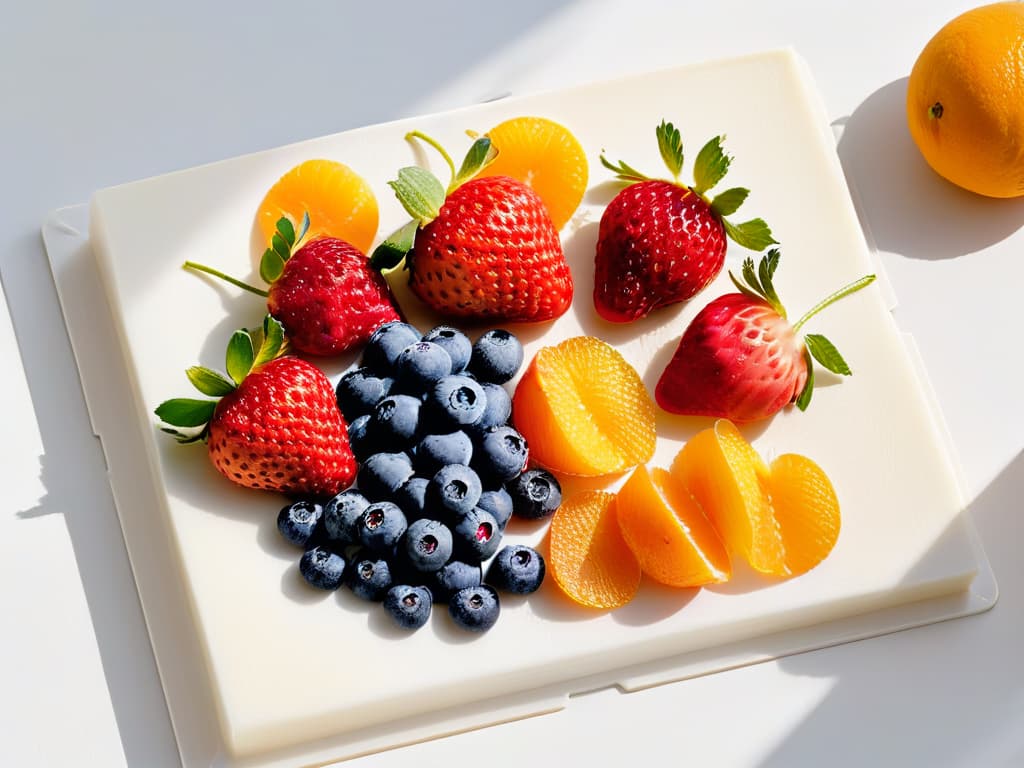  A minimalistic and highly detailed image of a variety of colorful fresh fruits like strawberries, blueberries, raspberries, and slices of oranges, arranged in a visually appealing pattern on a clean, white marble cutting board. Each fruit is perfectly ripe and glistening with droplets of water, showcasing their natural freshness and vibrant colors. The composition is balanced and elegant, with soft natural lighting casting gentle shadows to add depth and dimension to the image. hyperrealistic, full body, detailed clothing, highly detailed, cinematic lighting, stunningly beautiful, intricate, sharp focus, f/1. 8, 85mm, (centered image composition), (professionally color graded), ((bright soft diffused light)), volumetric fog, trending on instagram, trending on tumblr, HDR 4K, 8K