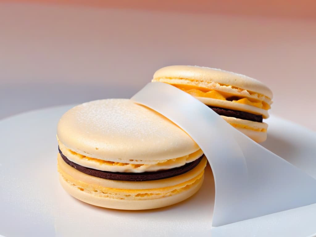  A closeup, ultradetailed image of a delicate French macaron resting on a marble countertop, showcasing its smooth, pastelcolored shell and the intricate details of its crispy outer layer. The soft, luscious filling peeking through the edges, hinting at a delectable combination of flavors. The natural light casting subtle shadows, highlighting the elegant simplicity of this iconic dessert. hyperrealistic, full body, detailed clothing, highly detailed, cinematic lighting, stunningly beautiful, intricate, sharp focus, f/1. 8, 85mm, (centered image composition), (professionally color graded), ((bright soft diffused light)), volumetric fog, trending on instagram, trending on tumblr, HDR 4K, 8K