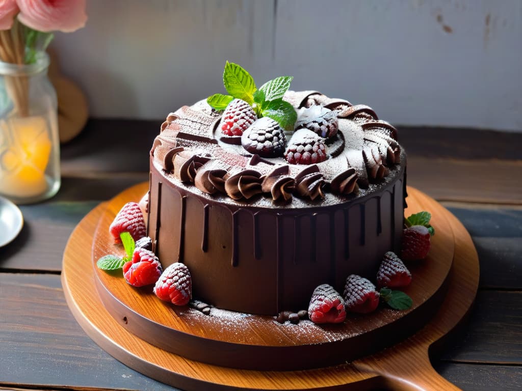  A photorealistic image of a beautifully decorated glutenfree chocolate cake, topped with fresh raspberries and mint leaves. The cake sits on a rustic wooden table, with soft natural light highlighting its glossy ganache and intricate piping details. The background showcases a cozy kitchen setting with vintage baking utensils hanging on the wall, adding a touch of warmth and nostalgia to the overall scene. hyperrealistic, full body, detailed clothing, highly detailed, cinematic lighting, stunningly beautiful, intricate, sharp focus, f/1. 8, 85mm, (centered image composition), (professionally color graded), ((bright soft diffused light)), volumetric fog, trending on instagram, trending on tumblr, HDR 4K, 8K