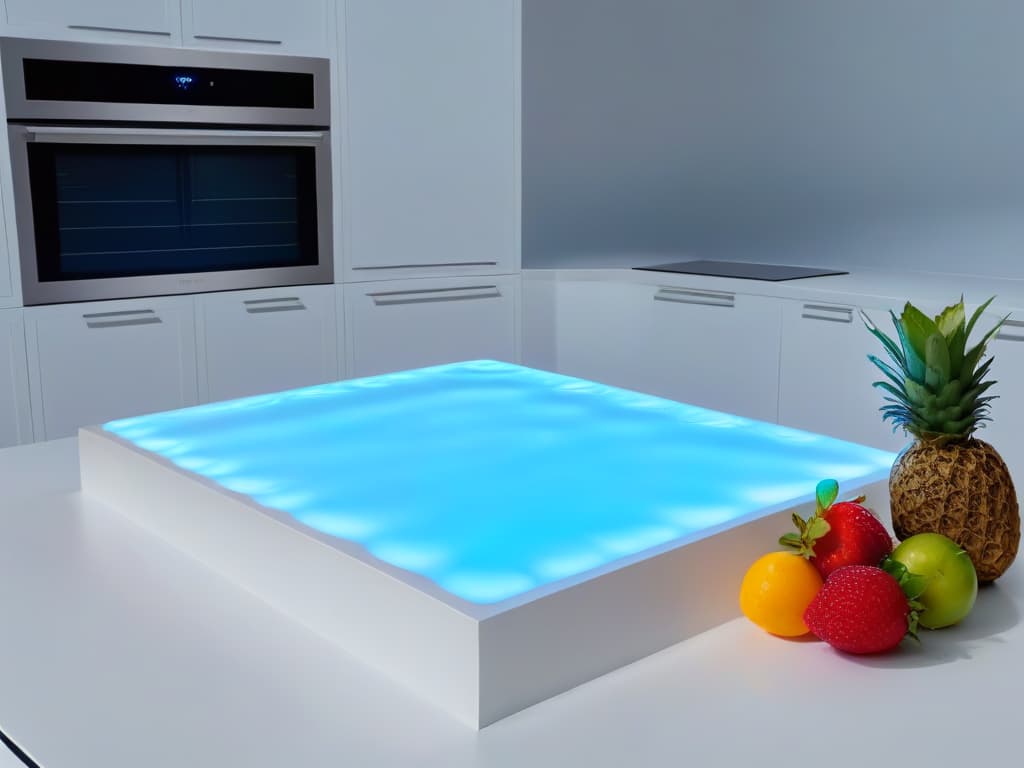  A minimalist, ultradetailed image of a sleek, futuristic kitchen countertop with various holographic AR baking tools and ingredients floating above it. The countertop is pristine white with subtle lighting that enhances the holographic elements, showcasing a rolling pin, measuring cups, flour bag, and an assortment of colorful fruits all seamlessly integrated into the AR baking experience. The overall aesthetic is clean, hightech, and visually captivating, perfectly embodying the fusion of traditional baking techniques with cuttingedge AR technology. hyperrealistic, full body, detailed clothing, highly detailed, cinematic lighting, stunningly beautiful, intricate, sharp focus, f/1. 8, 85mm, (centered image composition), (professionally color graded), ((bright soft diffused light)), volumetric fog, trending on instagram, trending on tumblr, HDR 4K, 8K