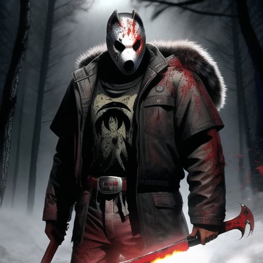  fusion Jason Voorhees and a Wolf, long snout, machete, bloody, gore, blood splattered, horror theme, , (masterpiece, best quality:1.5), HDR 4K, 8K