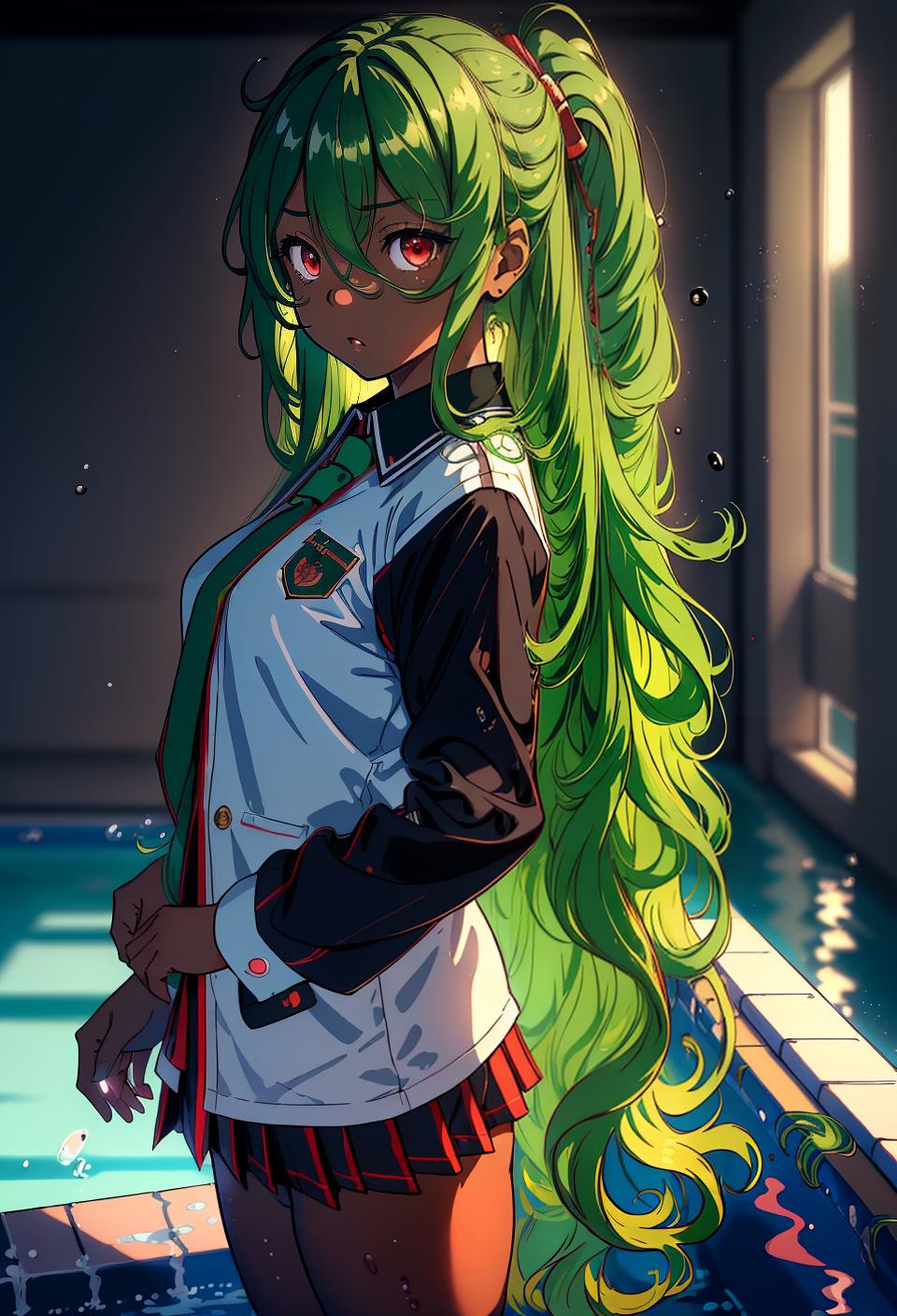  ((trending, highres, masterpiece, cinematic shot)), 1girl, chibi, female student uniform, pool scene, very long wavy green hair, hair covering one eye, large red eyes, high class, elegant personality, sad expression, dark skin, magical, toned