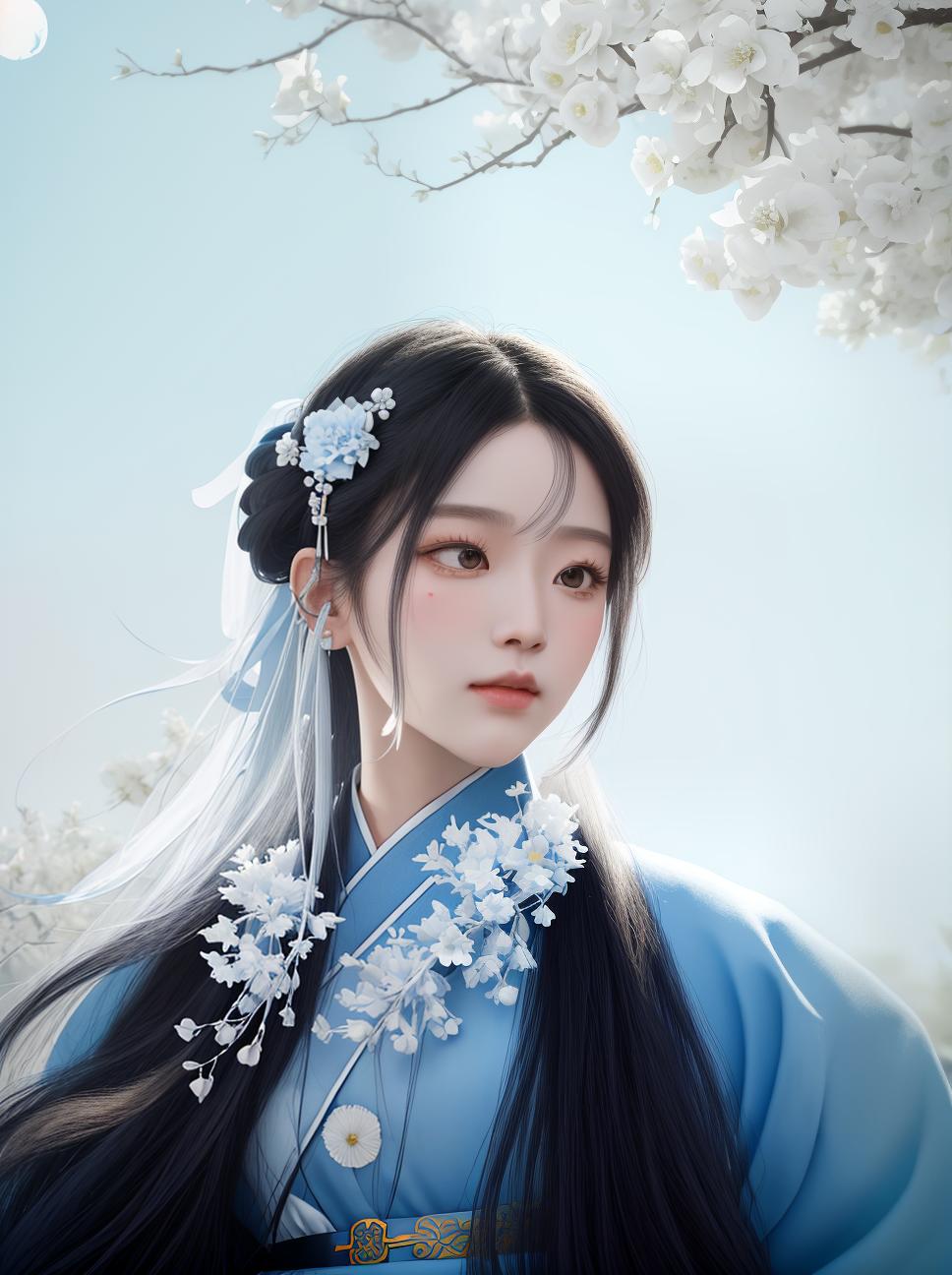  masterpiece, best quality, (Fidelity: 1.4), Best Quality, Masterpiece, Ultra High Resolution, Poster, Fantasy Art, Very Detailed Faces, 8k resolution, Chinese Style, An woman, Side Face, Quiet, Light Blue Hanfu, Tulle Coat, Long Black Hair, Light Blue Fringed Hair Ornament, Hairpin, White Ribbon, White Flower Bush, Light Blue Butterfly Flying, cinematic lighting effects