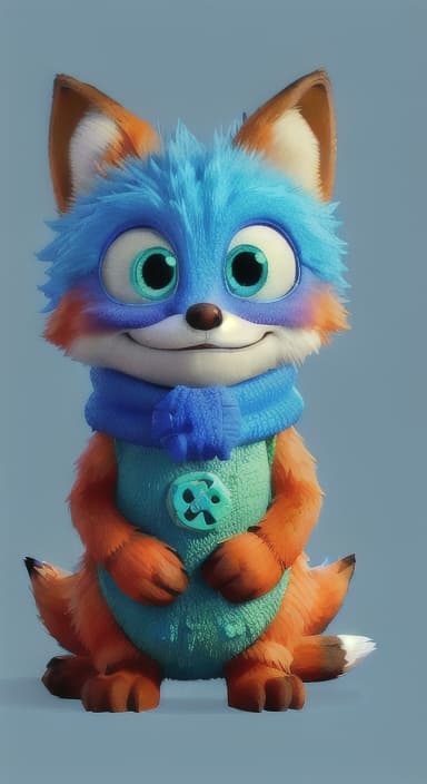  {Error the fox pressing the blue button with his paw, looking puzzled as nothing occurs., Error is a small, bright orange fox with a fluffy tail and big, inquisitive eyes. He has a mischievous yet kind expression and wears a tiny green scarf.