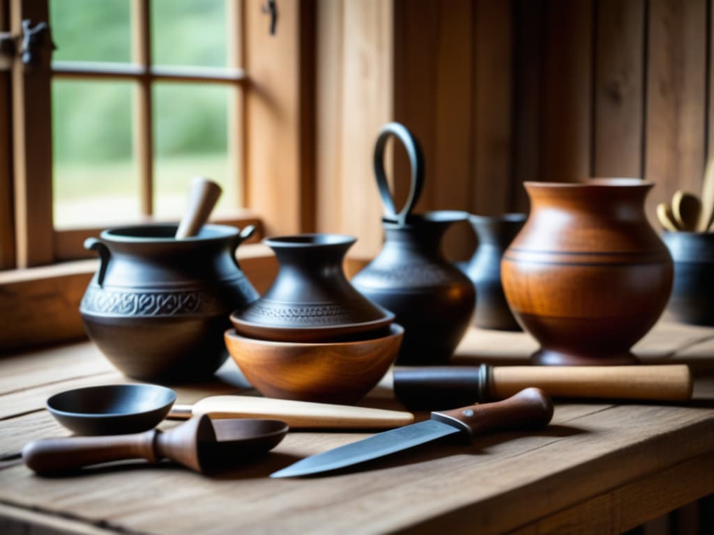  A closeup, macro shot of a rustic wooden table adorned with an array of traditional Viking culinary utensils such as horned drinking vessels, intricately carved wooden bowls, and handforged iron knives. The warm, natural light filtering through a nearby window casts a soft glow on the aged textures of the table, highlighting the rich history and craftsmanship of these ancient cooking tools. The scene is set against a backdrop of a subtly blurred Viking longship model, symbolizing the seafaring roots of this historical cuisine and evoking a sense of exploration and adventure. hyperrealistic, full body, detailed clothing, highly detailed, cinematic lighting, stunningly beautiful, intricate, sharp focus, f/1. 8, 85mm, (centered image composition), (professionally color graded), ((bright soft diffused light)), volumetric fog, trending on instagram, trending on tumblr, HDR 4K, 8K