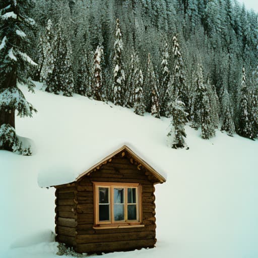 analog style "A large cozy wood stove in a wooden house, next to a window. Outside the window, you can see snow."