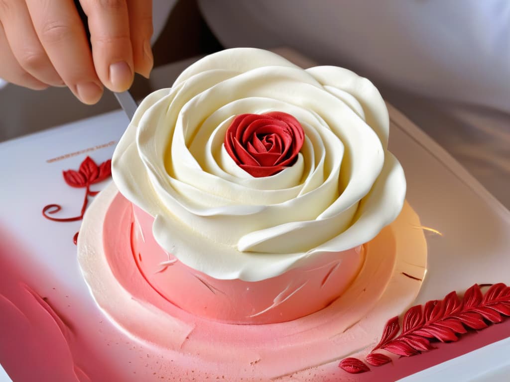  An ultradetailed image of a skilled pastry chef delicately sculpting a lifelike rose out of vibrant sugar paste, showcasing the intricate process of creating a sugar sculpture. The chef's hands are focused and precise, capturing a moment of artistry and craftsmanship in the world of sugar artistry. The background is a soft blur, emphasizing the fine details of the sculpture taking shape, with subtle lighting enhancing the textures and colors of the sugar medium. hyperrealistic, full body, detailed clothing, highly detailed, cinematic lighting, stunningly beautiful, intricate, sharp focus, f/1. 8, 85mm, (centered image composition), (professionally color graded), ((bright soft diffused light)), volumetric fog, trending on instagram, trending on tumblr, HDR 4K, 8K