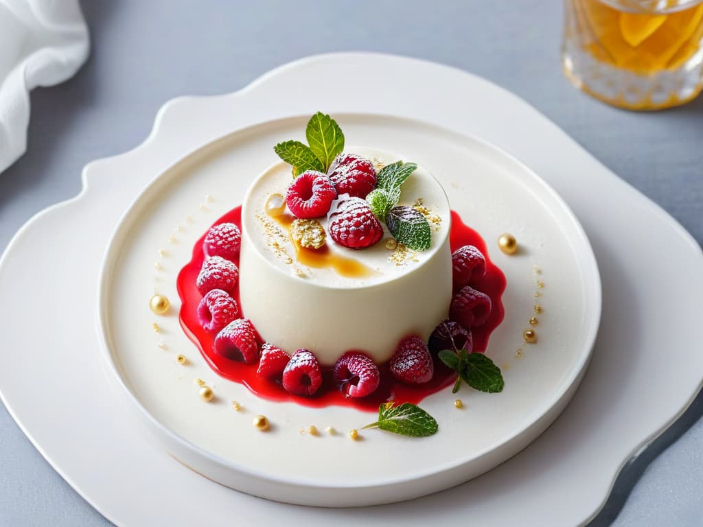  A closeup, photorealistic image of a glossy, perfectly set panna cotta topped with a vibrant raspberry coulis, delicate mint leaves, and shimmering gold flakes. The creamy dessert is elegantly presented on a sleek, modern plate, showcasing the smooth texture and luxurious appeal of the dessert. The lighting highlights the details, from the subtle ridges of the panna cotta to the glistening droplets of coulis, creating an enticing visual for the article on mastering textures in desserts. hyperrealistic, full body, detailed clothing, highly detailed, cinematic lighting, stunningly beautiful, intricate, sharp focus, f/1. 8, 85mm, (centered image composition), (professionally color graded), ((bright soft diffused light)), volumetric fog, trending on instagram, trending on tumblr, HDR 4K, 8K