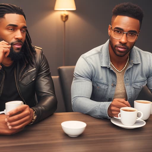  (black people sitting at table having coffee), photorealistic, highly detailed, 4k, high quality hyperrealistic, full body, detailed clothing, highly detailed, cinematic lighting, stunningly beautiful, intricate, sharp focus, f/1. 8, 85mm, (centered image composition), (professionally color graded), ((bright soft diffused light)), volumetric fog, trending on instagram, trending on tumblr, HDR 4K, 8K