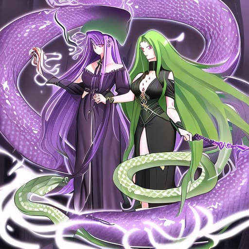  Lamia Medusa her hair is dark green snakes hair she has purple eyes she, no legs but big snake tails for her body, she wearing black warlock clothes her magic staff holding her right hand