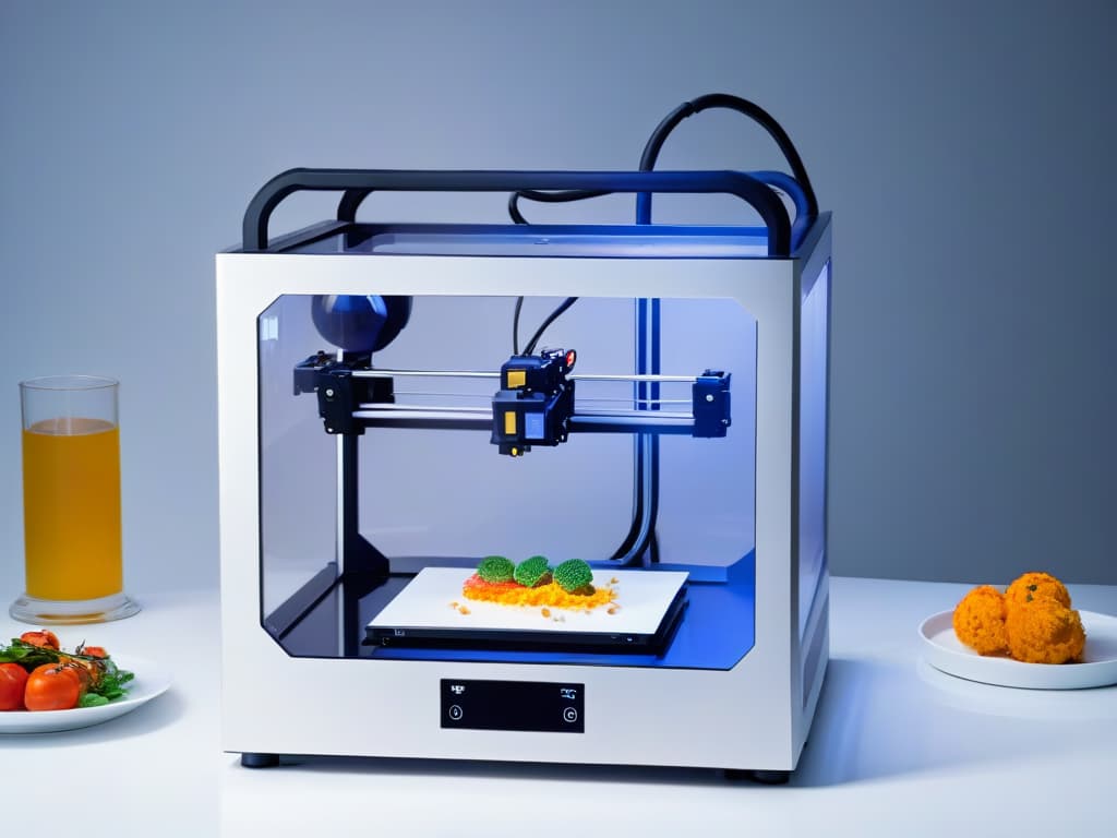  A highresolution, ultradetailed image of a sleek, futuristic 3D food printer in action, delicately crafting intricate and colorful edible creations. The printer is set against a clean, white backdrop, emphasizing its advanced technology and precision. Bright LED lights illuminate the process, showcasing the seamless fusion of culinary art and cuttingedge innovation. hyperrealistic, full body, detailed clothing, highly detailed, cinematic lighting, stunningly beautiful, intricate, sharp focus, f/1. 8, 85mm, (centered image composition), (professionally color graded), ((bright soft diffused light)), volumetric fog, trending on instagram, trending on tumblr, HDR 4K, 8K