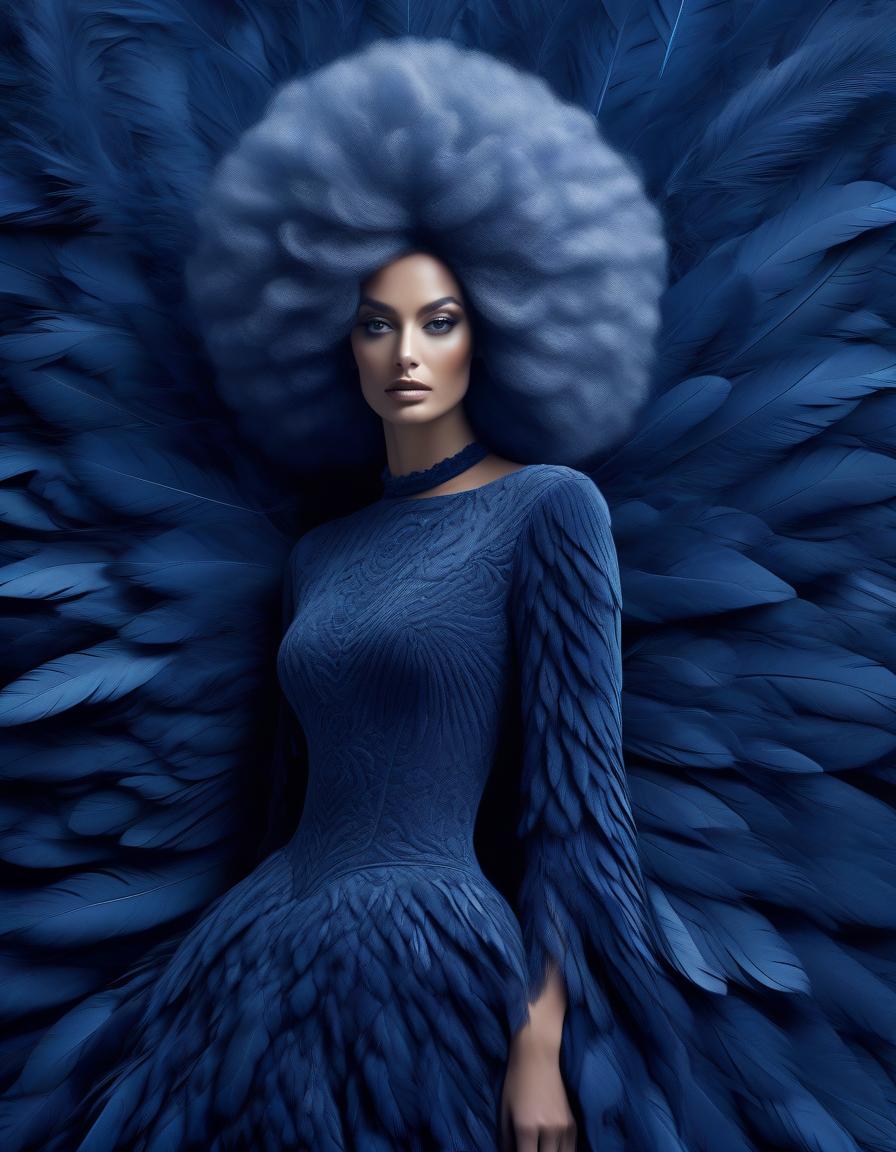  surrealist art Portrait of a beautiful in a dark blue velvet Lorrain dress, on beautiful hair adorned with soft feathers of dark blue colour . dreamlike, mysterious, , symbolic, intricate, detailed hyperrealistic, full body, detailed clothing, highly detailed, cinematic lighting, stunningly beautiful, intricate, sharp focus, f/1. 8, 85mm, (centered image composition), (professionally color graded), ((bright soft diffused light)), volumetric fog, trending on instagram, trending on tumblr, HDR 4K, 8K