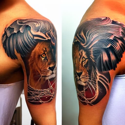 lnkdn photography create a full left-sleeve tattoo consisting of a lion, a Harpy Eagle, a Badger, and a male voodoo priest.  The tattoo must start with a lion covering the left shoulder and the male voodoo priest on the left forearm
