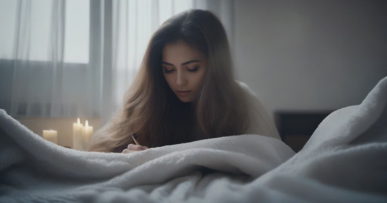  cinematic photo A long haired girl writes poems under a blanket. . 35mm photograph, film, bokeh, professional, 4k, highly detailed hyperrealistic, full body, detailed clothing, highly detailed, cinematic lighting, stunningly beautiful, intricate, sharp focus, f/1. 8, 85mm, (centered image composition), (professionally color graded), ((bright soft diffused light)), volumetric fog, trending on instagram, trending on tumblr, HDR 4K, 8K