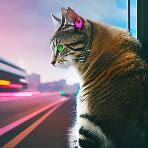 nvinkpunk Realistic image of a cat wearing headphones and reading glasses while riding a bus. hyperrealistic, full body, detailed clothing, highly detailed, cinematic lighting, stunningly beautiful, intricate, sharp focus, f/1. 8, 85mm, (centered image composition), (professionally color graded), ((bright soft diffused light)), volumetric fog, trending on instagram, trending on tumblr, HDR 4K, 8K