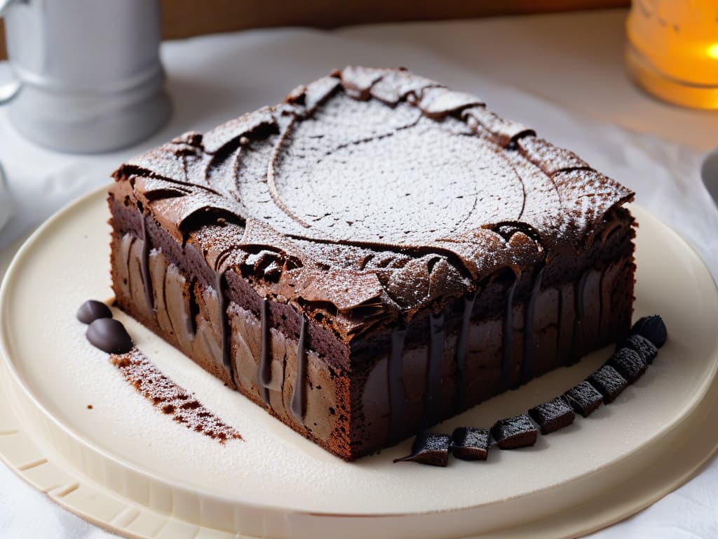  A closeup, ultradetailed image of a freshly baked brownie with a glossy, crackly crust on top, showcasing its rich, fudgy texture and gooey chocolate interior. The brownie sits on a sleek, modern plate with a dusting of powdered sugar, emphasizing its decadent and indulgent quality. The lighting highlights the intricate layers of the dessert, making it appear irresistible and perfectly capturing the essence of achieving the ultimate brownie texture and flavor. hyperrealistic, full body, detailed clothing, highly detailed, cinematic lighting, stunningly beautiful, intricate, sharp focus, f/1. 8, 85mm, (centered image composition), (professionally color graded), ((bright soft diffused light)), volumetric fog, trending on instagram, trending on tumblr, HDR 4K, 8K