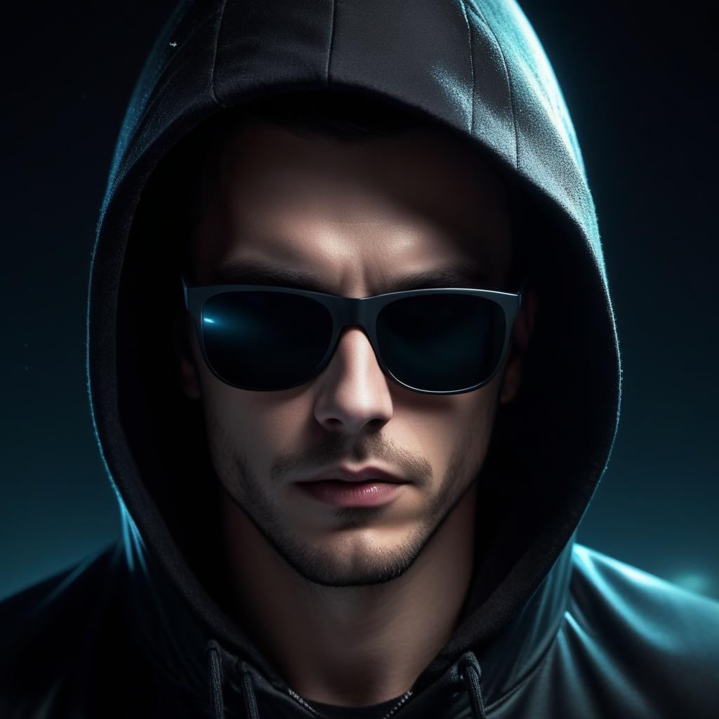  a man in a hood, his face covered with the black glasses, night, turned sideways, dark jacket, super visualization. 4k
