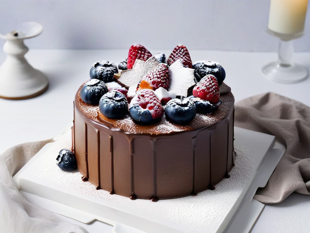  A highresolution image of an elegant, minimalist glutenfree chocolate cake topped with fresh berries and a dusting of powdered sugar on a sleek white plate, set against a simple, modern backdrop. The cake is perfectly sliced to showcase its moist texture and rich cocoa color, with the vibrant berries adding a pop of color to the composition. The lighting is soft and diffused, highlighting the glossy finish of the cake and creating a sophisticated and appetizing visual appeal. hyperrealistic, full body, detailed clothing, highly detailed, cinematic lighting, stunningly beautiful, intricate, sharp focus, f/1. 8, 85mm, (centered image composition), (professionally color graded), ((bright soft diffused light)), volumetric fog, trending on instagram, trending on tumblr, HDR 4K, 8K