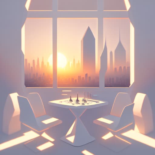 in OliDisco style Futuristic style. Deck of cards over white table. Sunset through a window with a city view. White and soft tones.