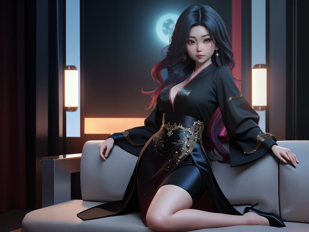  image: masterpiece, high quality, (ity), ((())), realistic anime (professionally color graded), detailed clothing, highly detailed, cinematic lighting, stunningly beautiful, 8k, 4k, HD, ((1: beautiful asian)), slim waist, slim build, 2 huge fake s, normal hips, medium sized round , fit, tanned, long dark neon hair, view: dynanic view, , location: sci fi dark apartment on the couch at night, clothing: sci fi ty evening gown, mostly , s, pose: Hey ;)