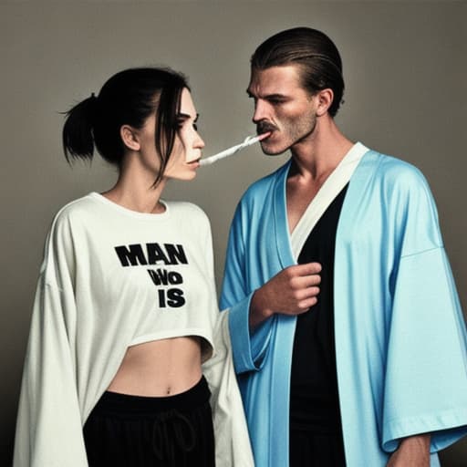  man smoking against woman, woman wearing:a robe without anything else,man wiring: t-shirt and pant