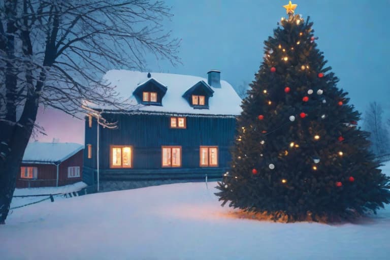  new year's tale, russian village, house, christmas tree, evening, without people, cute, hyper detail, full HD hyperrealistic, full body, detailed clothing, highly detailed, cinematic lighting, stunningly beautiful, intricate, sharp focus, f/1. 8, 85mm, (centered image composition), (professionally color graded), ((bright soft diffused light)), volumetric fog, trending on instagram, trending on tumblr, HDR 4K, 8K