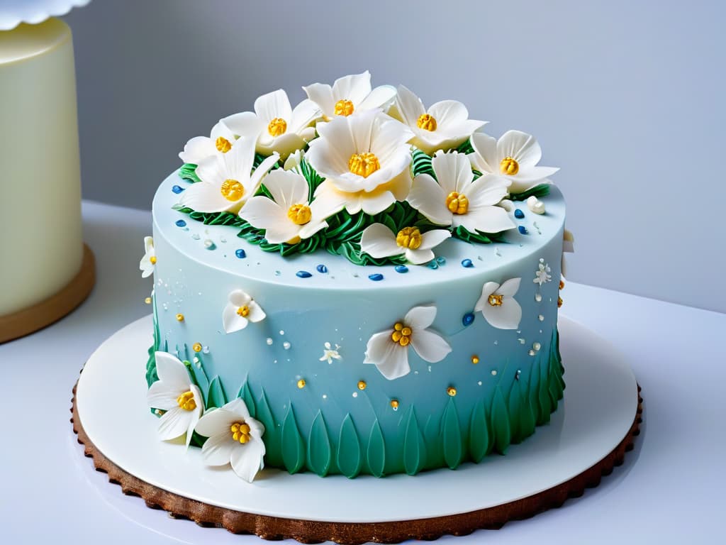  An ultradetailed closeup image of a perfectly frosted and meticulously decorated threetiered cake, showcasing intricate piping work, delicate sugar flowers, and shimmering edible gold accents. The cake sits on a sleek, white marble cake stand, with soft, diffused lighting emphasizing every detail and texture, creating a visually stunning and aspirational image for the article on measuring success in themed bakery products. hyperrealistic, full body, detailed clothing, highly detailed, cinematic lighting, stunningly beautiful, intricate, sharp focus, f/1. 8, 85mm, (centered image composition), (professionally color graded), ((bright soft diffused light)), volumetric fog, trending on instagram, trending on tumblr, HDR 4K, 8K