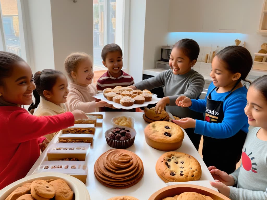  A minimalist image featuring a diverse group of children of various ethnicities and ages, happily gathered around a table filled with trays of freshly baked goods like cookies and muffins. Each child is eagerly reaching out to grab a treat, with smiles on their faces and a sense of shared joy and community evident in their body language. The setting is a bright, airy kitchen with simple, clean lines, emphasizing the focus on the children and the baked goods they are enjoying together. hyperrealistic, full body, detailed clothing, highly detailed, cinematic lighting, stunningly beautiful, intricate, sharp focus, f/1. 8, 85mm, (centered image composition), (professionally color graded), ((bright soft diffused light)), volumetric fog, trending on instagram, trending on tumblr, HDR 4K, 8K