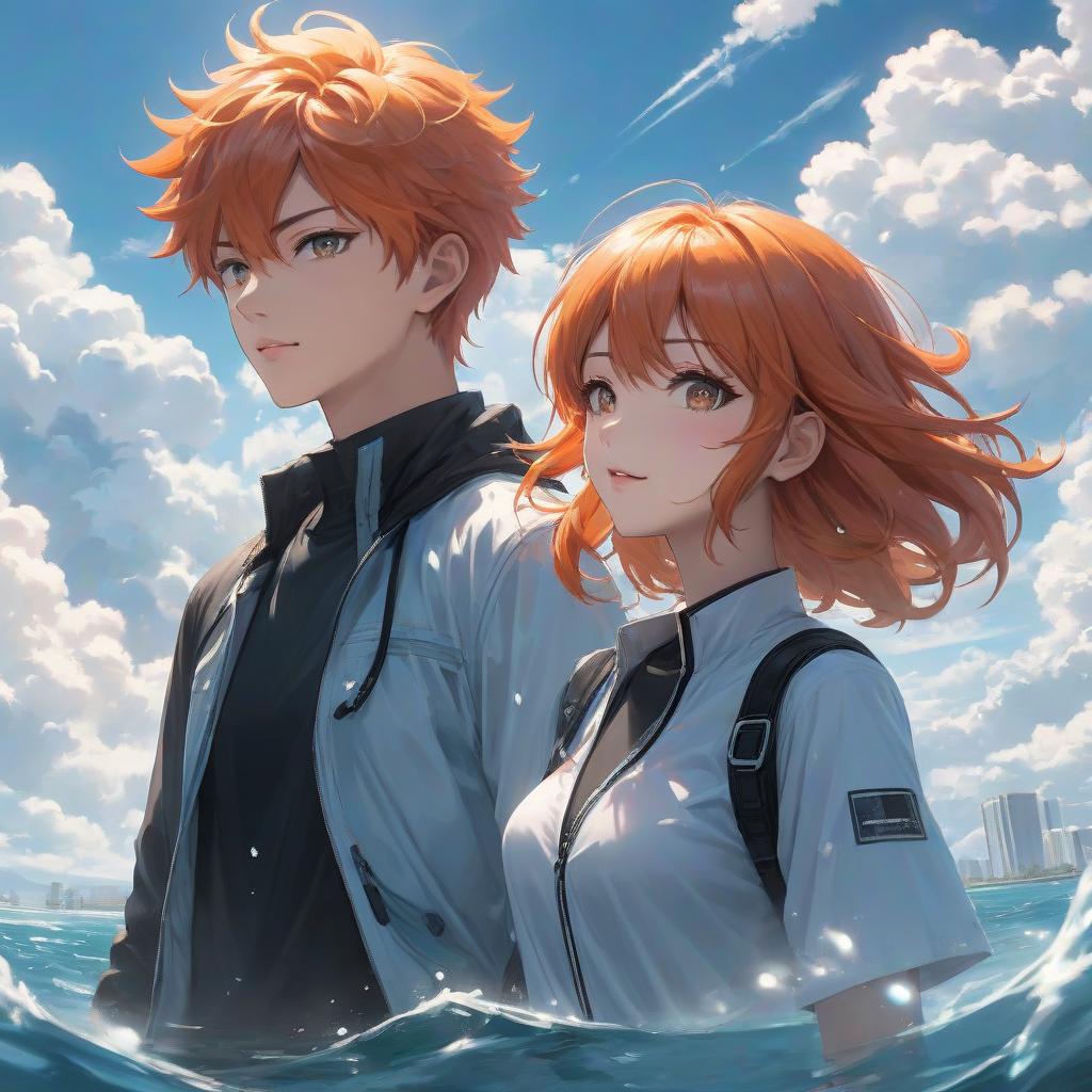  a person that is standing in the water, pixiv, happy clouds behind, style of kentaro miura!!!!, floating in the sky, [ floating ]!!, orange haired anime boy, she is arriving heaven, cotton clouds, flat anime style, summer morning, covered!! With cyberpunk parts!! Smoking a joint!!! hyperrealistic, full body, detailed clothing, highly detailed, cinematic lighting, stunningly beautiful, intricate, sharp focus, f/1. 8, 85mm, (centered image composition), (professionally color graded), ((bright soft diffused light)), volumetric fog, trending on instagram, trending on tumblr, HDR 4K, 8K