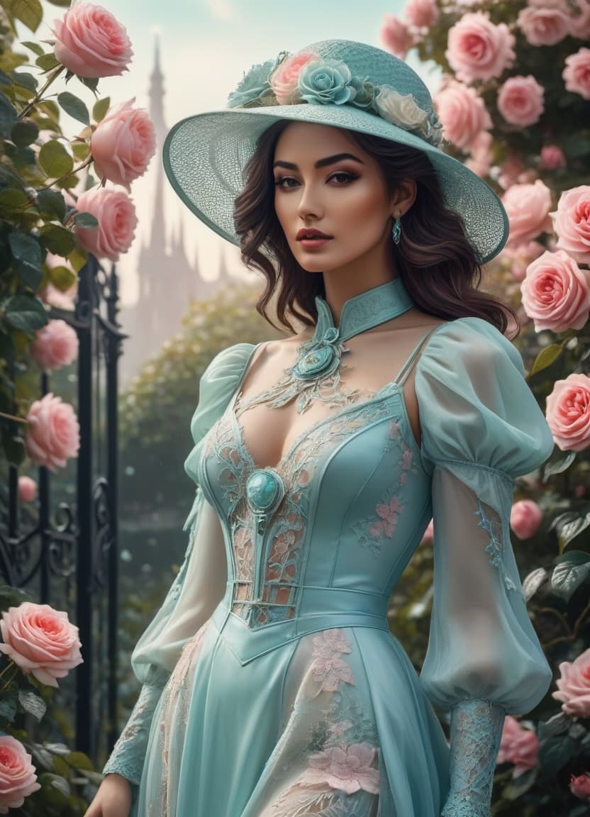  retro cyberpunk Delicate English watercolour in pastel tones, on the background of English garden flowers powder roses in dew, among roses stands a lovely in a straw hat decorated with flowers and in a lush dress with lace, openwork wrought iron fence, octane, dew glistens and shimmers in the sun lumen, in the distance marble statue, aesthetic flowers,art botanical, organic biological,realistic . 80's inspired, synthwave, neon, vint, detailed, retro futurism hyperrealistic, full body, detailed clothing, highly detailed, cinematic lighting, stunningly beautiful, intricate, sharp focus, f/1. 8, 85mm, (centered image composition), (professionally color graded), ((bright soft diffused light)), volumetric fog, trending on instagram, trending on tumblr, HDR 4K, 8K