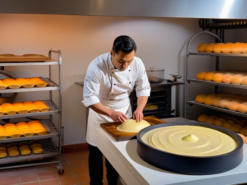  A photorealistic image of a skilled pastry chef in a modern kitchen, surrounded by traditional fermentation vessels like clay pots and wooden barrels. The chef is carefully inspecting a batch of dough, showcasing the fusion of ancestral fermentation techniques with contemporary pastry making. The warm glow of the oven in the background adds to the ambiance, highlighting the artistry and precision of the baking process. hyperrealistic, full body, detailed clothing, highly detailed, cinematic lighting, stunningly beautiful, intricate, sharp focus, f/1. 8, 85mm, (centered image composition), (professionally color graded), ((bright soft diffused light)), volumetric fog, trending on instagram, trending on tumblr, HDR 4K, 8K