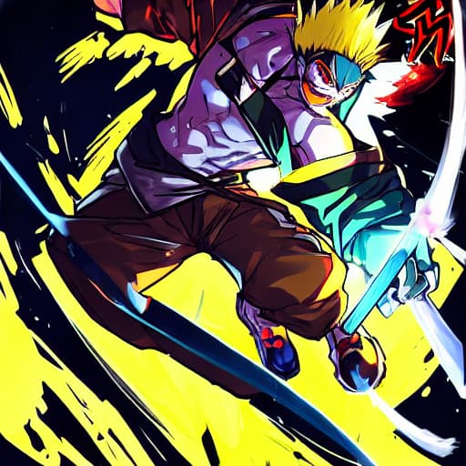  A cool guy with spiky yellow hair with energy flowing around him and unique eyes. Tremendous energy flowing from him and he looks cool and is holding his sick katana.It should be not at all realistic and more like anime. His outfit is magnificent. his f fire breathing dragon behind him.
