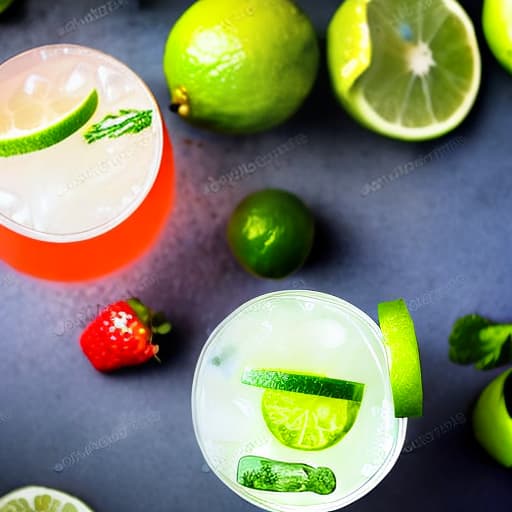  Fresh cocktails with lime and fruit on table