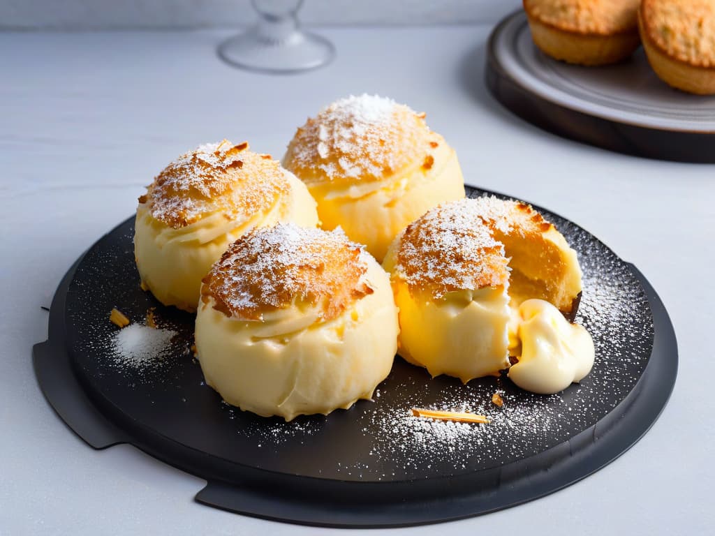  A closeup, ultradetailed image of a perfectly goldenbrown coconut macaroon resting on a sleek, matte black plate. The macaroon is delicately dusted with powdered sugar, showcasing its crispy exterior and moist, coconutinfused interior. The lighting is soft and diffuse, creating a warm and inviting ambiance around the dessert. Each coconut shred on the macaroon is razorsharp in focus, and the texture is so vivid that viewers can almost feel the crunch as they gaze at the image. hyperrealistic, full body, detailed clothing, highly detailed, cinematic lighting, stunningly beautiful, intricate, sharp focus, f/1. 8, 85mm, (centered image composition), (professionally color graded), ((bright soft diffused light)), volumetric fog, trending on instagram, trending on tumblr, HDR 4K, 8K