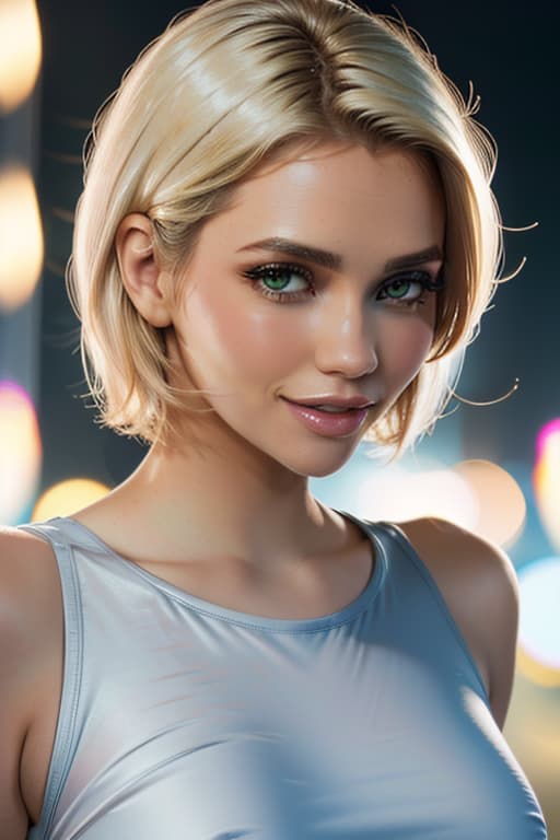  1girl,1girl,blonde short hair,straight hair,upper body shot,shirt,smile hyperrealistic, full body, detailed clothing, highly detailed, cinematic lighting, stunningly beautiful, intricate, sharp focus, f/1. 8, 85mm, (centered image composition), (professionally color graded), ((bright soft diffused light)), volumetric fog, trending on instagram, trending on tumblr, HDR 4K, 8K