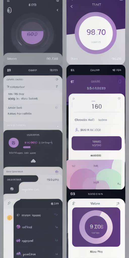  The image shows a collection of six stylized user interface designs for mobile applications. The designs are minimalist and modern, featuring a gradient in pastel tones, primarily purple and white. The interfaces have rounded corners and use soft shading to create depth. Here are the details for each section: 1. Top left: A circular widget displays the number "408," possibly a step counter or a similar metric. Below it is an area with a small graph and an icon. 2. Top center: A user interface with the heading "Ret Sooing" shows several circular icons and two buttons labeled "Basemode" and "Nightmode." 3. Top right: A profile section with a round image and a name underneath. There are also a series of details such as "7DAS," "100S," "5000S,"